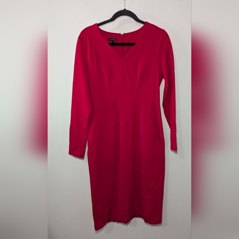 Talbots Red Ponte Knit Sheath Dress Midi Christmas Holiday Long Sleeve Size 6